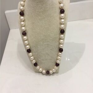 Classic Garnet and Pearls Knotted Necklace Length 22”